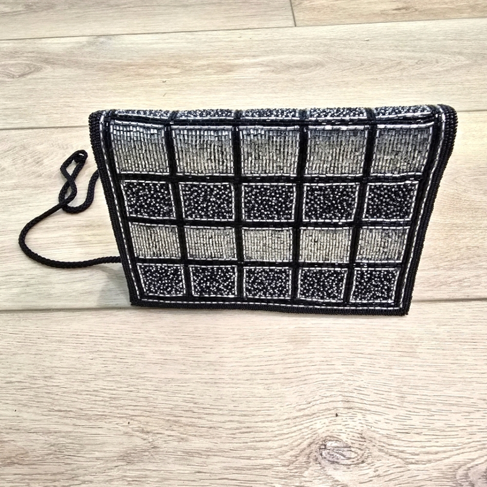 Evening Courtenay Clutch Purse. Silver & Black Beading. Handbag or Crossbody.